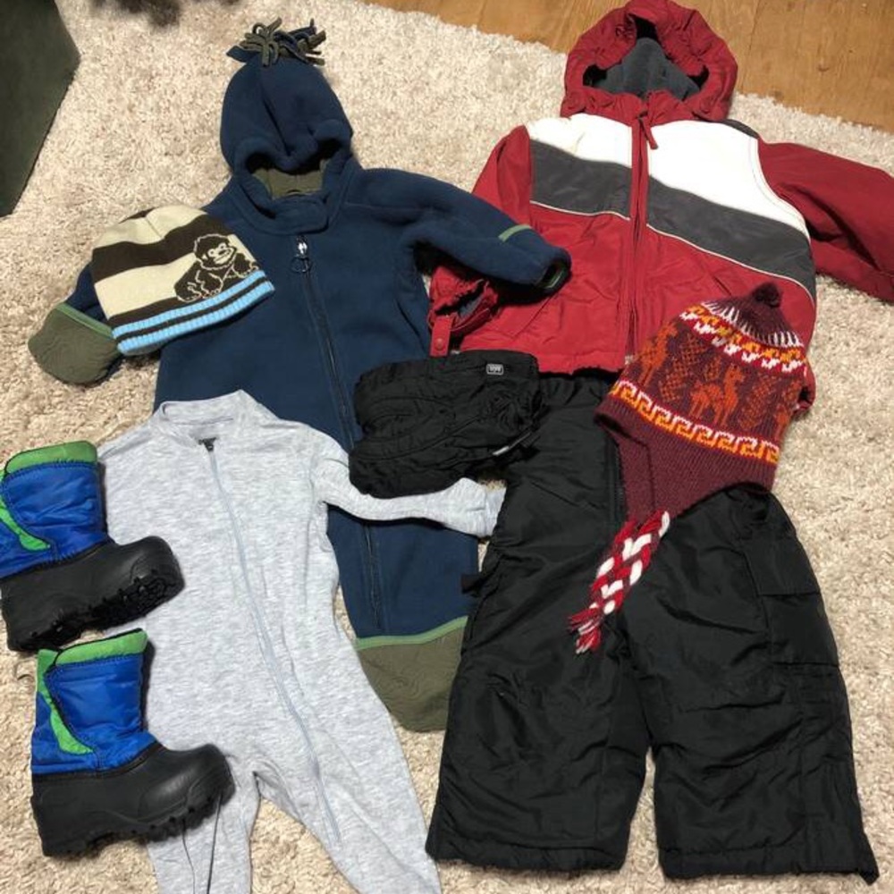 12 Mo. Winter coat,bibs,boots,mittens, hats,fleece